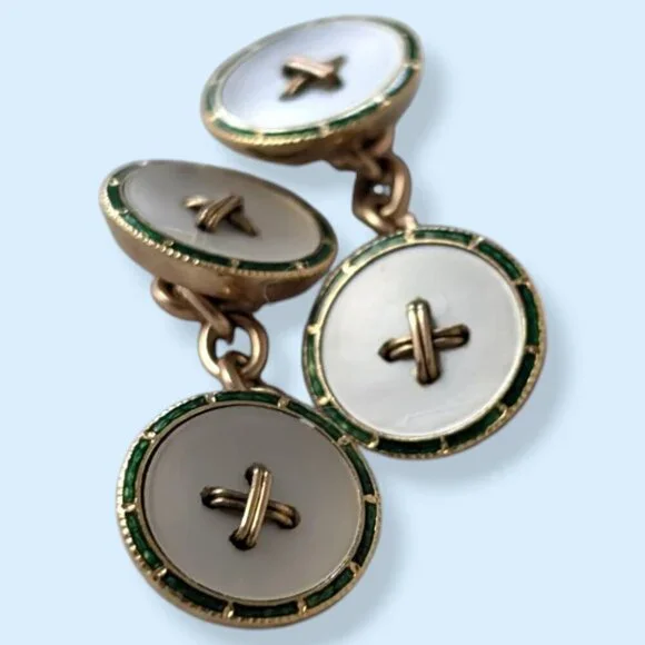 Antique 14k Gold Hand-Enameled Hinge-Back Cuff Links - Picture 4 of 7